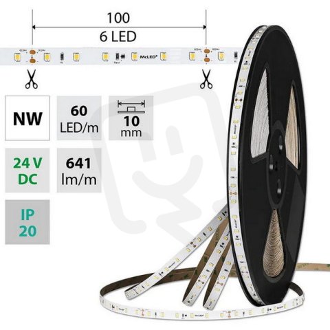 LED pásek SMD2835 NW, 60LED/m, 7,2W/m, DC 24V, 641lm/m, CRI90, IP20, 10mm, 50m