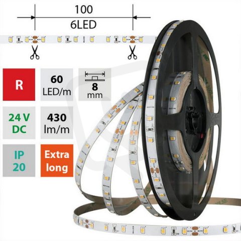 LED pásek SMD2835 červený, 60LED/m, 4,8W/m, DC 24V, 120lm/m, IP20, 8mm, 5m