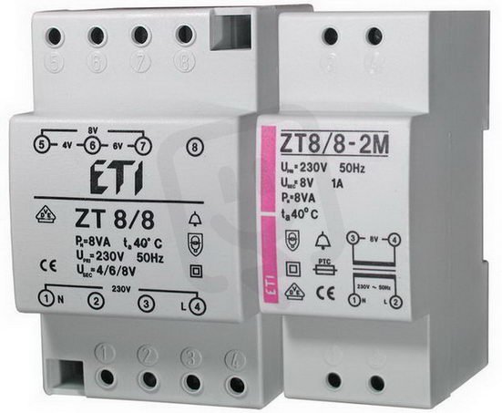 Zvonkový transformátor Zt 8/12,0,63A U1n=230V U2n=6/8/12V Pn=8VA ETI 002411006