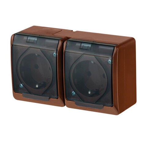 GALATEA IP44 Zásuvka 2x 2P+PE SCHUKO 2-nás. hnědá/průhledná FAMATEL 5325-05