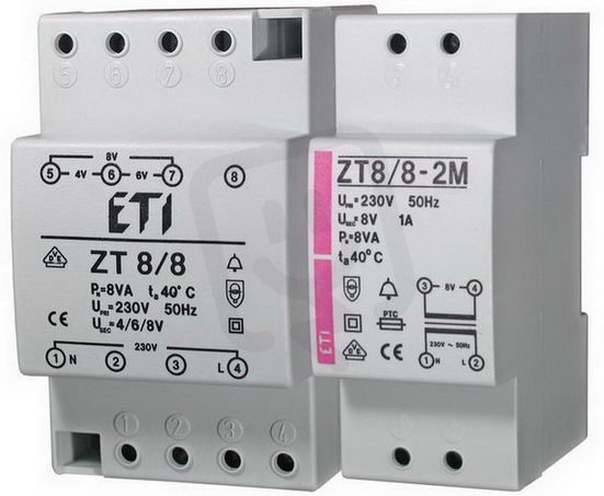 Zvonkový transformátor Zt 8/8 - 2M,1A U1n=230V U2n=8V Pn=8VA ETI 002411010