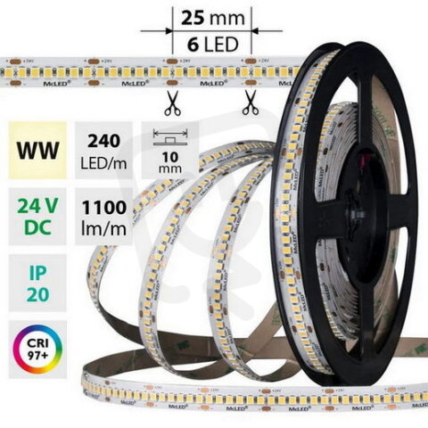 LED pásek SMD2835 WW, 240LED/m, 14,4W/m, DC 24V, 1100lm/m, CRI97, IP20, 10mm, 5m