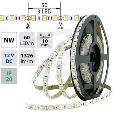 LED pásek SMD5050 NW, 60LED/m, 14,4W/m, 1296lm/m, IP20, DC 12V, 10mm, 50m