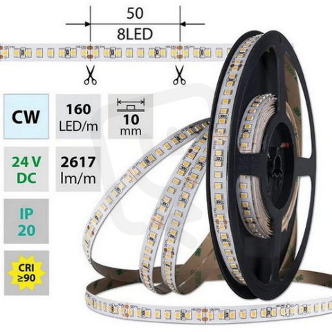 LED pásek SMD2835 CW 160LED/m 19,2W/m DC 24V 2617lm/m CRI90 IP20 10mm 50m