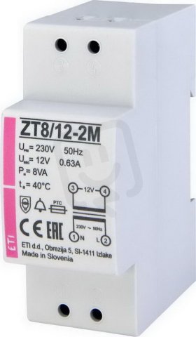 Zvonkový transformátor Zt 8/12 - 2M,0,63A U1n=230V U2n=12V Pn=8VA ETI 002411011