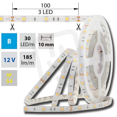 LED pásek SMD5050 modrý, 30LED/m, 7,2W/m, 185lm/m, IP54, DC 12V, 10mm, 5m