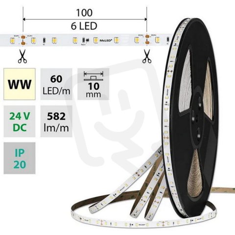 LED pásek SMD2835 WW, 60LED/m, 7,2W/m, DC 24V, 582lm/m, CRI90, IP20, 10mm, 50m