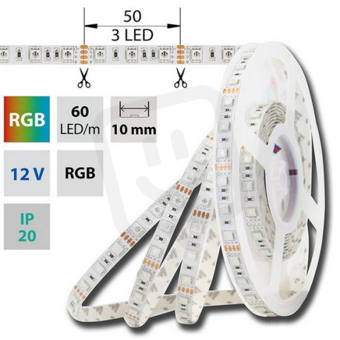 LED pásek SMD5050 RGB, 60LED/m, 14,4W/m, DC12V, 560lm/m, IP20, 10mm, 5m