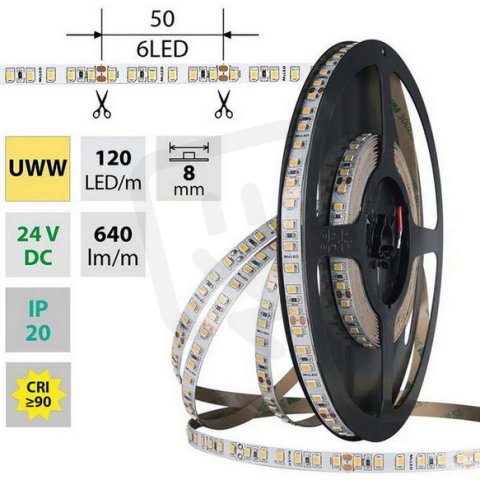 LED pásek SMD2835 UWW, 120LED/m, 9,6W/m, DC 24V, 640lm/m, CRI90, IP20, 8mm, 5m