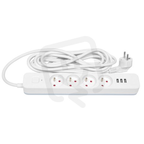 Prodlužovací přívod 3x1,5mm2, 3m, 4zásuvky,3xUSB 2,4A  s vyp. ECOLITE FU4-3