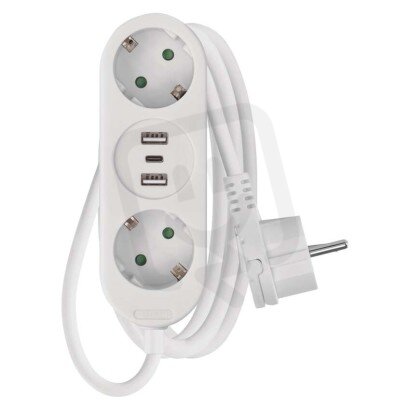 Prodlužovací kabel 1,5 m 2 zásuvky+2×USB A+1×USB C bílý PVC 1,5 mm2 EMOS P0221U