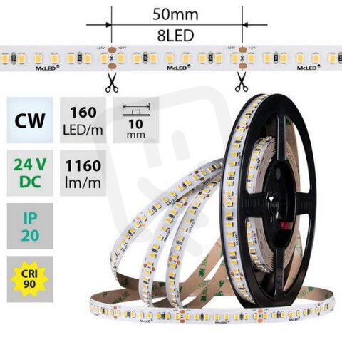 LED pásek SMD2835 CW, 160LED/m, 9W/m, DC 24V, 1160lm/m, CRI90, IP20, 10mm, 50m