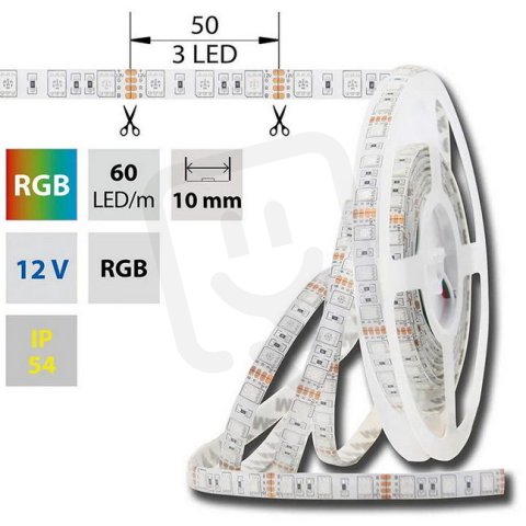 LED pásek SMD5050 RGB, 60LED/m, 14,4W/m, DC12V, 496lm/m, IP54, 10mm, 5m