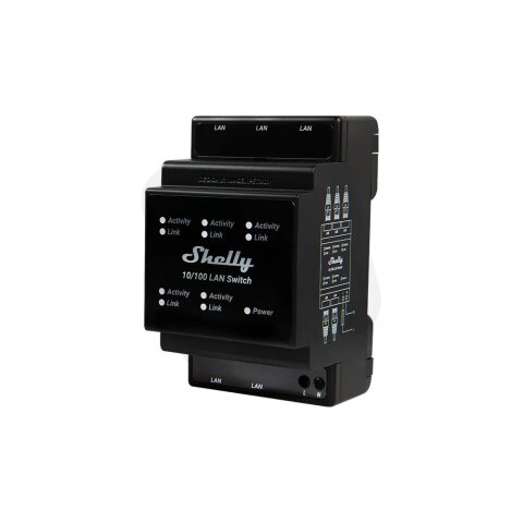 Ethernetový přepínač na DIN lištu Shelly LAN Switch 5xRJ45, 110-230V.