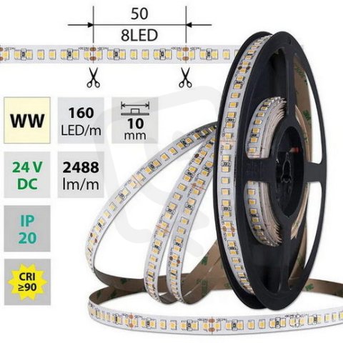 LED pásek SMD2835 WW 160LED/m 19,2W/m DC 24V 2488lm/m CRI90 IP20 10mm 50m