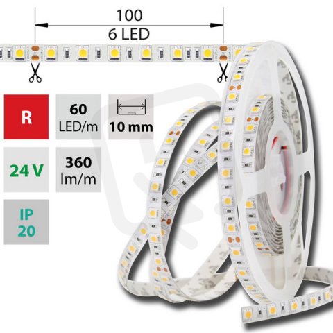 LED pásek SMD5050 R, 60LED/m, 14,4W/m, 360lm/m, IP20, DC 24V, 10mm, 50m