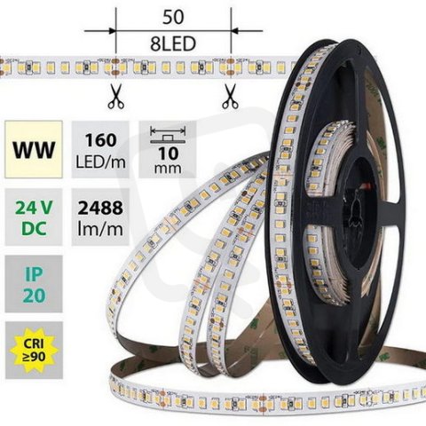 LED pásek SMD2835 WW, 160LED/m, 19,2W/m, DC 24V, 2488lm/m, CRI90, IP20, 10mm, 5m