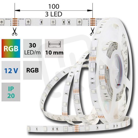 LED pásek SMD5050 RGB, 30LED/m, 7,2W/m, DC12V, 280lm/m, IP20, 10mm, 5m