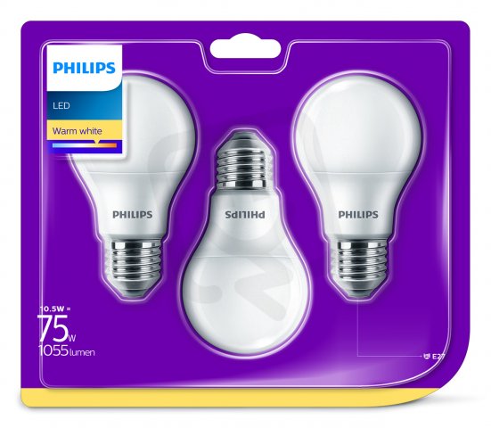 Philips LED žárovka sada 3ks 10,5-75W E27 1055lm A60 2700