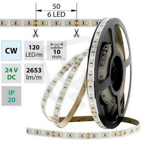 LED pásek SMD2835 CW, 120LED/m, 28,8W/m, 2653lm/m, IP20, DC 24V, 10mm, 5m