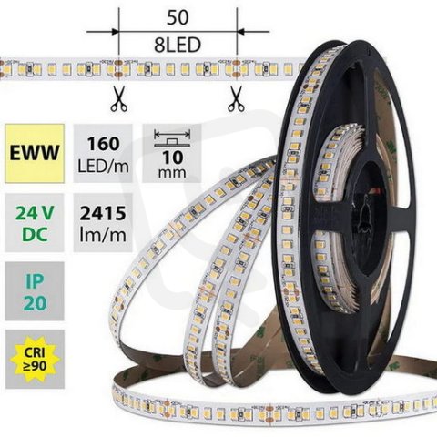 LED pásek SMD2835 EWW 160LED/m 19,2W/m DC 24V 2415lm/m CRI90 IP20 10mm 5m