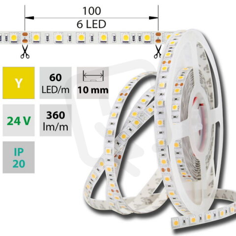LED pásek SMD5050 Y, 60LED/m, 14,4W/m, DC 24V, 360lm/m, IP20, 10mm, 50m