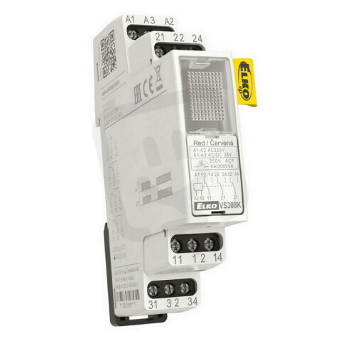 Pomocné relé 3x8A přepínací, AC 230V, AC/DC 24V VS308K/červená ELKO EP