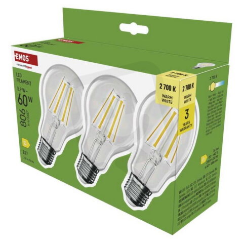 LED žárovka Filament A60, E27, 5,9 W (60 W), 806 lm, teplá bílá EMOS ZF5D42.3