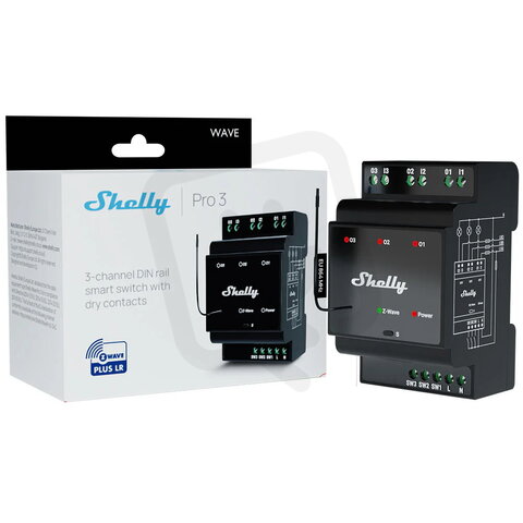 Spínací modul na DIN lištu SHELLY WAVE PRO 3 LR 3kanálový, Z-Wave Long Range