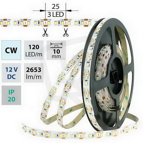 LED pásek SMD2835 CW, 120LED/m, 28,8W/m, 2653lm/m, IP20, DC 12V, 10mm, 5m