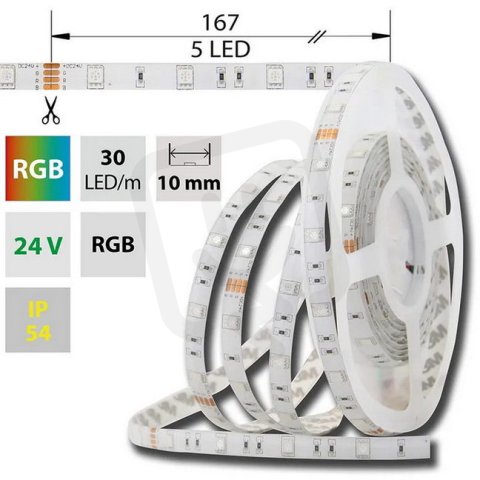 LED pásek SMD5050 RGB, 30LED/m, 8,5W/m, DC24V, 248lm/m, IP54, 10mm, 5m