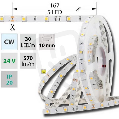 LED pásek SMD5050 CW, 30LED/m, 8,5W/m, 540lm/m, IP20, DC 24V, 10mm, 50m