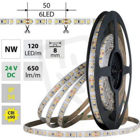 LED pásek SMD2835 NW, 120LED/m, 9,6W/m, DC 24V, 650lm/m, CRI90, IP54, 8mm, 5m