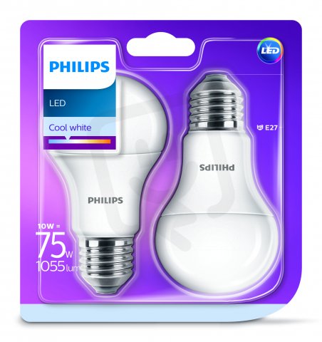 Philips LED žárovka sada 2ks 10-75W E27 1055lm A60 4000K