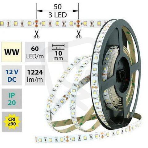 LED pásek SMD2835 WW, 60LED/m, 14,4W/m, 1224lm/m, IP20, DC 12V, 10mm, 50m
