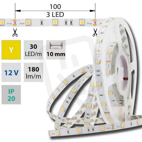 LED pásek SMD5050 žlutý, 30LED/m, 7,2W/m, 180lm/m, IP20, DC 12V, 10mm, 5m