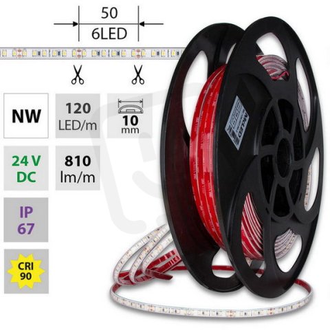 LED pásek SMD2835 NW, 120LED/m, 9,6W/m, DC 24V, 810lm/m, CRI90, IP67, 10mm, 50m