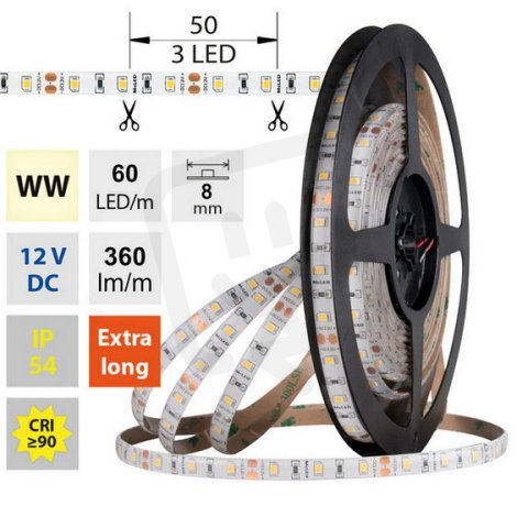 LED pásek SMD2835 WW, 60LED/m, 4,8W/m, DC 12V, 360lm/m, CRI90, IP54, 8mm, 5m