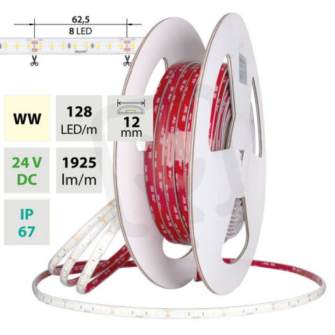 LED pásek SMD2835 WW, 128LED/m, 11,5W/m, DC24V, 1925lm/m, CRI90, IP67, 12mm, 5m