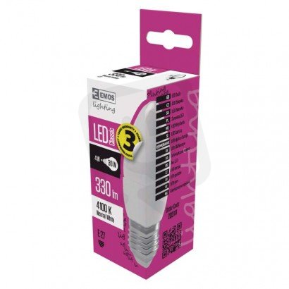 LED žárovka Classic svíčka/E27/4,1 W (32 W)/350 lm/neutrální bílá EMOS ZQ3111