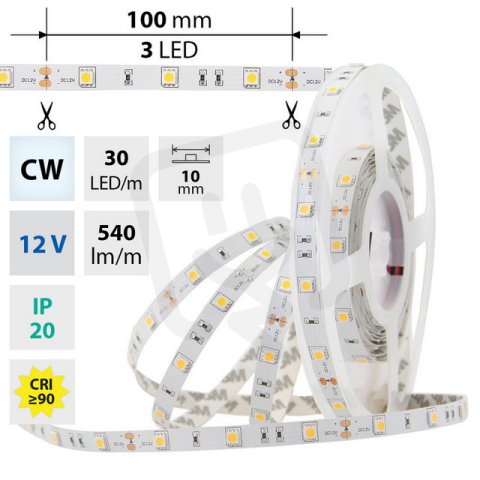 LED pásek SMD5050 CW, 30LED/m, 7,2W/m, 540lm/m, IP20, DC 12V, 10mm, 50m