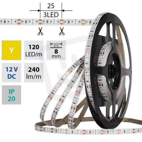 LED pásek SMD2835 žlutý, 120LED/m, 9,6W/m, DC 12V, 240lm/m, IP20, 8mm, 5m