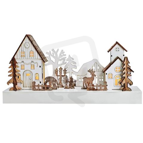LED vánoční vesnička, 34x17cm, dřevo, 4 LED, 2x AA SOLIGHT 1V256