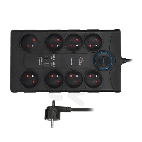 Přepěťová ochrana, 8z, USB A+C 3.4A, 2m,