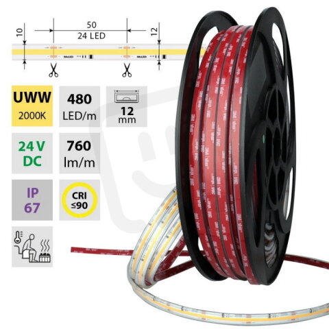 COB LED pásek UWW, 480LED/m, 8W/m, 640lm/m, CRI90, IP67, DC24V,105°C, 12mm , 50m
