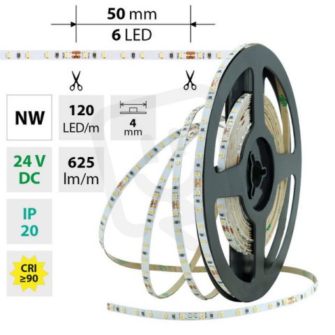 LED pásek SMD2216 NW, 120LED/m, 7,2W/m, 625lm/m, IP20, DC 24V, 4mm, 10m