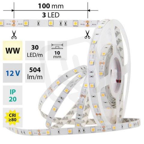 LED pásek SMD5050 WW, 30LED/m, 7,2W/m, 504lm/m, IP20, DC 12V, 10mm, 50m