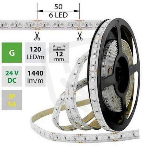 LED pásek SMD5050 zelený, 120LED/m, 28,8W/m, 1440lm/m, IP54, DC 24V, 12mm, 5m