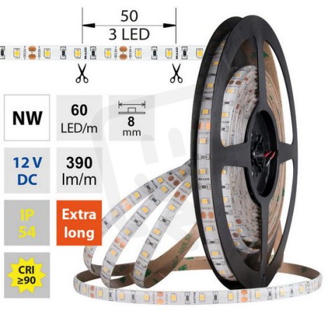 LED pásek SMD2835 NW, 60LED/m, 4,8W/m, DC 12V, 390lm/m, CRI90, IP54, 8mm, 5m