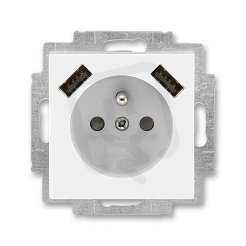 ABB Levit Zásuvka s kolíkem s clonkami s nabíjením 2x USB bílá/ledová bílá